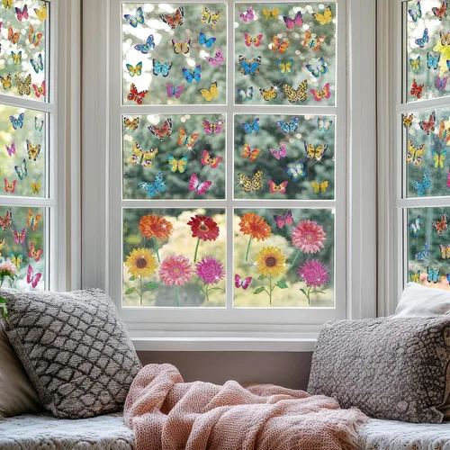 Vista 6 de Tenceur Juego de 44 calcomanías de pintura de diamante para ventana, diseño de sol, mariposa, flores, vitrales, kit de pintura para bricolaje, arte