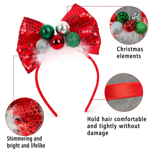 Vista 4 de Ecuupas Diadema de Navidad con lazo para el pelo, color rojo, brillante, verde, campana, diseño de tocado para mujeres, niñas, niños, invierno