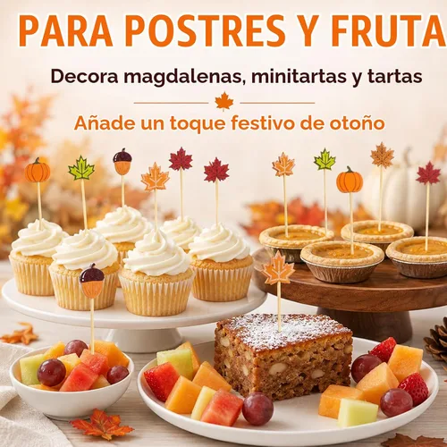 Vista 5 de 100 unidades de púas de cóctel de otoño de 12 cm, hojas, calabazas, bellotas, palillos de dientes decorativos elegantes de bambú, palillos