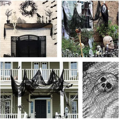 Vista 8 de Paquete de 4 decoraciones de tela espeluznante de Halloween, 30 x 72 pulgadas, paños de gasa de Halloween aterradores, paño espeluznante para casa