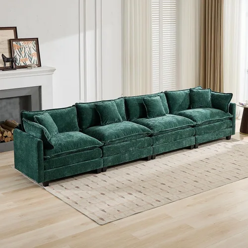Vista 185 de Sofá seccional modular verde de 111.5", sofás seccionales grandes de 3 plazas para sala de estar, sofá nube oversized de tela chenille con otomana