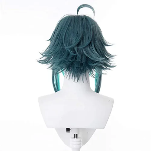 Vista 4 de Lwiuentx Genshin Impact Cosplay Xiao Short Drak Green Blue Peluca de pelo sintético para hombres y mujeres, fiesta de Halloween + gorra de peluca