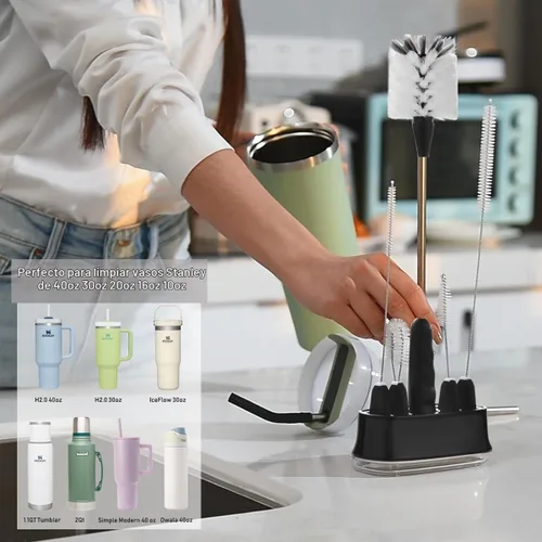 Vista 3 de ALINK Juego de 5 cepillos de limpieza para botellas con soporte, limpiador de botellas con soporte, cepillo para tapa de pezón para Stanley, Yeti