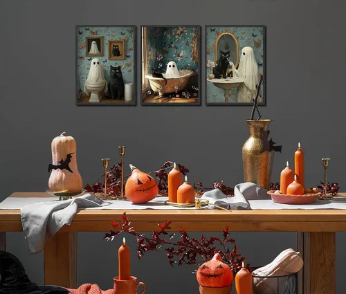 Vista 2 de NBYARTQ Pósteres de Fantasmas de Halloween Arte de Pared Juego de 3 Impresiones de Terror Espeluznante Academia Oscura Fantasma y Gato Negro