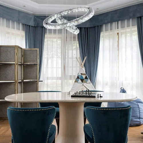 Vista 7 de Candelabros modernos de cristal, regulables, redondos, con control remoto, 2 anillos, lámpara colgante de techo LED para vestíbulo, comedor, sala