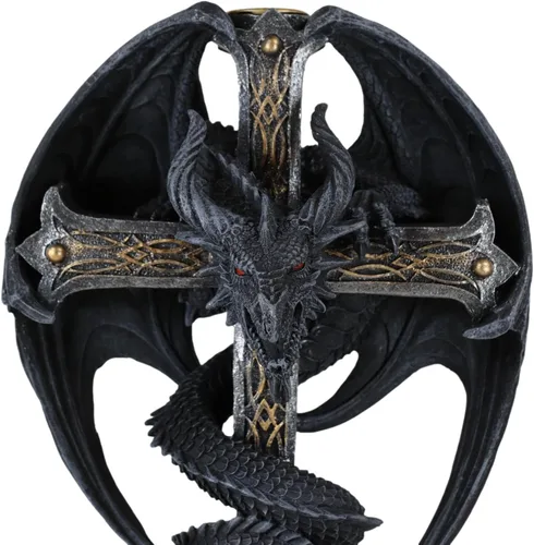 Vista 6 de Ebros Gift Fantasía medieval Bahamut Demon Guardian Altar Drake Dragón Enrollado En Celta Nudo Cruz Crucifijo Taper Candleholder Desktop Figurine