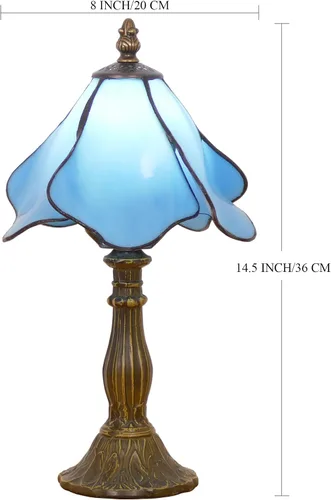 Vista 2 de Lámpara Tiffany Pequeña Mini Lámpara de Mesa de Vidrio Teñido Lámpara de Acento de Mesita de Noche Memoria Simpatía 8X14.5 Pulgadas (Azul)