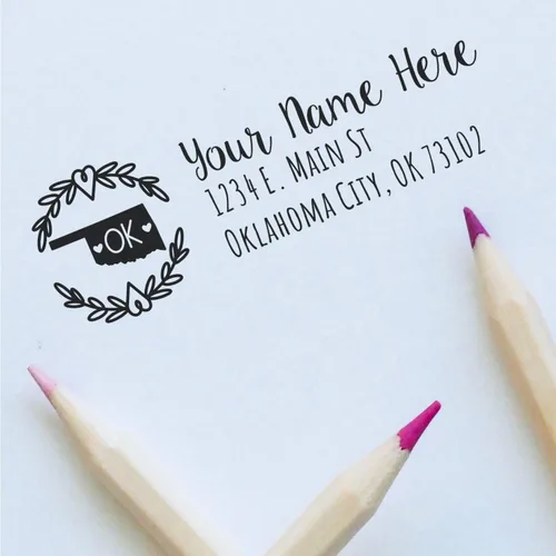 Vista 27 de State of Alabama Wreath Duo Hand Address Stamp - Personalized Rubber Stamp Montaje manual Duo
