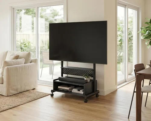 Vista 2 de FITUEYES Soporte de suelo de TV rodante para televisores de 40 a 85 pulgadas, soporte de TV móvil resistente con ruedas con cerradura, carrito de TV