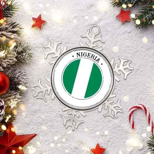 Vista 6 de Adornos de Navidad con la bandera de Nigeria 2022, adorno de copo de nieve para decoración de árbol de Navidad, regalo de recuerdo de metal