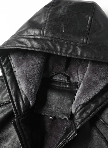 Vista 4 de Fanarcher Chaqueta de hombre de piel sintética con forro polar acolchada tipo bomber para motocicleta con capucha