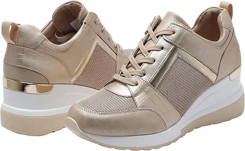 Vista 7 de YZ Tenis de cuña de moda para mujer, con tacón alto, con cordones y plataforma