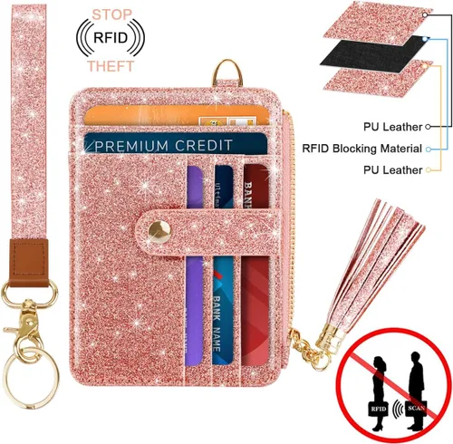 Vista 2 de Cartera delgada RFID para tarjetas de crédito pequeña y bonita cartera para mujeres con bolsillo con cremallera y llavero, Escarcha Oro rosa, Piel