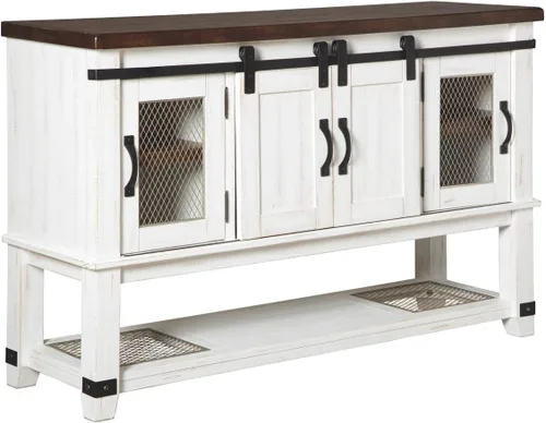 Vista 2 de Signature Design by Ashley Valebeck Farmhouse - Mesa de comedor o buffet, color blanco y marrón y Valebeck Farmhouse rectangular con extensión, se