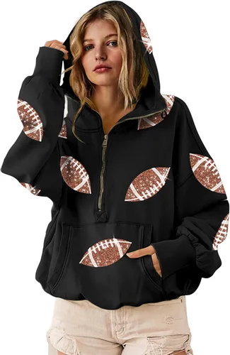 Vista 21 de SeekMe Sudaderas con capucha de lentejuelas para mujer, para el día del partido, suéteres de manga larga con cremallera y bolsillo
