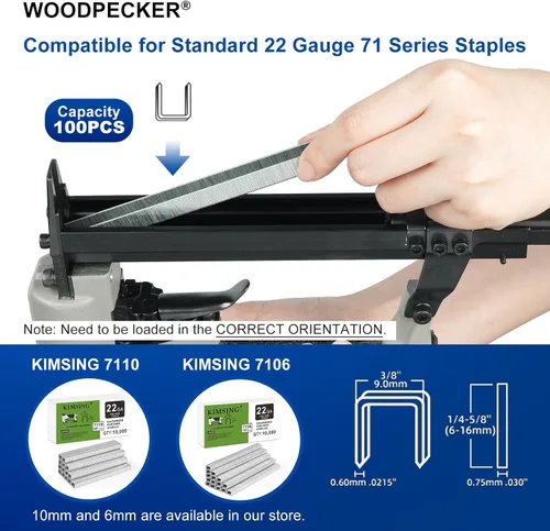 Vista 5 de WOODPECKER Pistola grapadora de tapicería N7116 para decoración Calibre 22, corona de 3/8 pulgadas, pistola de grapas neumática para muebles
