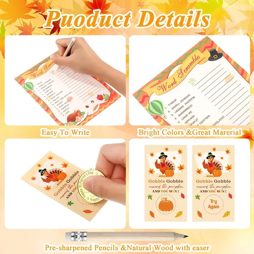 Vista 4 de Harloon Juego de 172 piezas de juegos de Acción de Gracias con lápices para familia y adultos, pavo, otoño, calabaza, búsqueda de palabras, juego