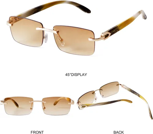 Vista 6 de ADE WU Gafas de sol cuadradas de moda sin montura para hombres y mujeres estilo vintage retro de los años 90 lentes de metal dorado con tintado