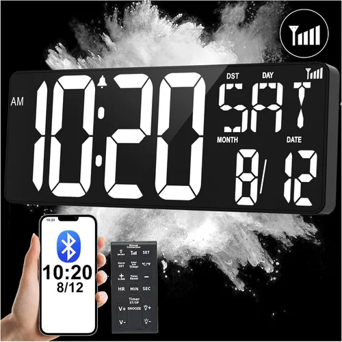Vista 9 de XREXS Reloj de pared digital grande de 17.2 pulgadas, sincronización Bluetooth, relojes atómicos precisos con control remoto, reloj de abuelo