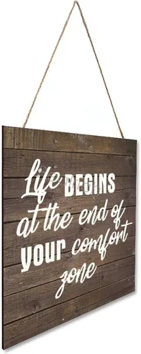 Vista 3 de PEALRICH Letrero colgante de madera con cita motivacional "Life Begins At The End Of Your Comfort Zone", placa artística para decoración de pared