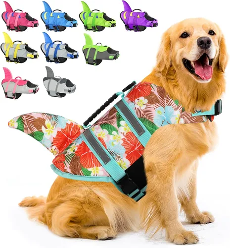 Vista 25 de Chaleco salvavidas para perros de Fragralley Shark, chaleco salvavidas ajustable para perros con aleta de tiburón, adecuado para perros pequeños