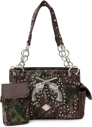 Vista 2 de Camuflaje Estilo Occidental Totes Bolso Floral Tachonado Bolso de Cuero Tooled Bolso de Cuero de las Mujeres del País Bolsa de Hombro Cremallera