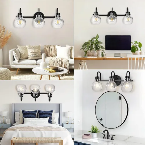 Vista 3 de Lámparas de baño, 3 luces negras, apliques de pared de granja con Negro