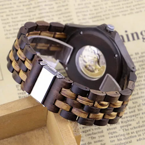 Vista 6 de Dentily Reloj mecánico de madera para hombre, esqueleto con movimiento automático, reloj de madera con números árabes, relojes de cuerda automática