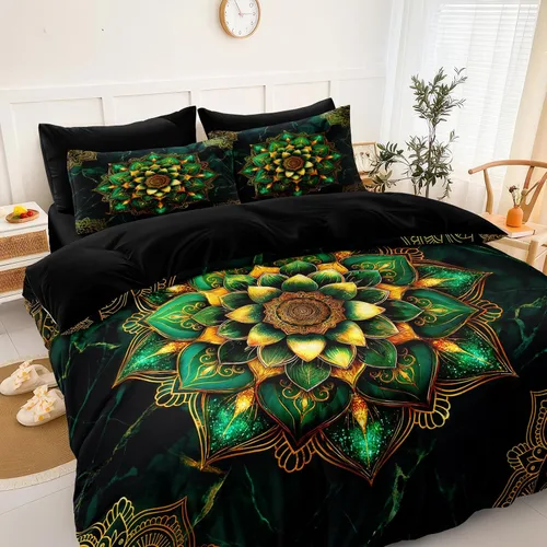 Vista 14 de Juego de edredón de sol y luna negro, juego de ropa de cama boho, ropa de cama de galaxia celestial y espacio estrellado, edredón mandala exótico