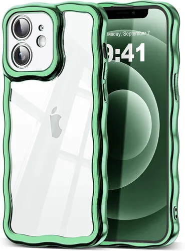 Vista 104 de SKYLMW Funda compatible con iPhone 12 Pro, diseño de ondas rizadas kawaii, borde chapado de lujo, elegante parte trasera transparente brillante, TPU