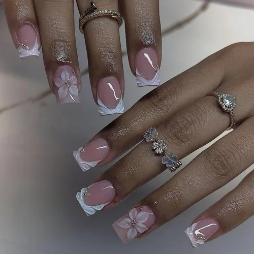 Vista 13 de Uñas postizas cortas cuadradas MABKJLF, uñas francesas falsas con gradiente, uñas de cobertura completa, flores blancas, uñas falsas con diseños