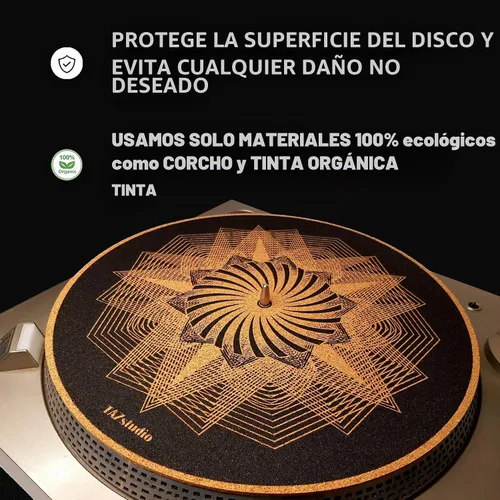 Vista 4 de Alfombrilla giratoria de corcho para un mejor soporte de sonido en el tocadiscos de vinilo LP - Diseño geométrico original, tapete de corcho claro