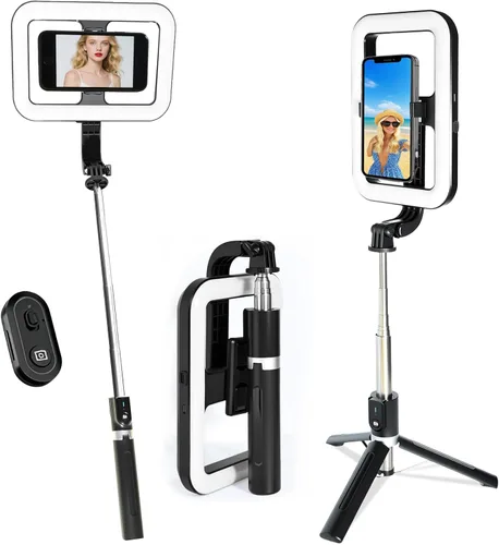 Vista 9 de Luz plegable para selfie con soporte, soporte extensible de 54 pulgadas para teléfono con luces LED regulables y control remoto, trípode de luz