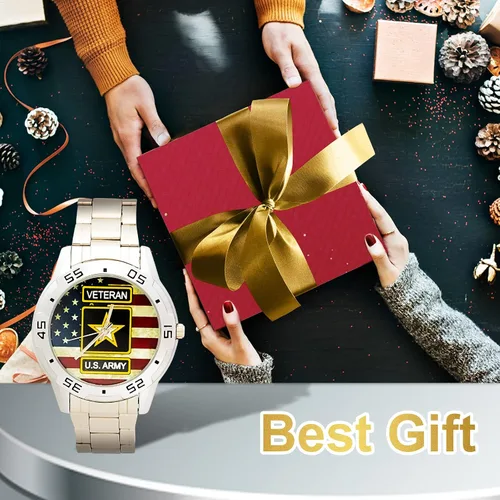Vista 8 de Reloj analógico de acero inoxidable para hombre diseño especial militar veterano y bandera estadounidense diseño personalizado con caja de metal