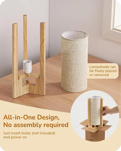 Vista 5 de EDISHINE Small Wood Table Lamp, 13.5" Modern Bedside Lamp, Beige Linen Shade, Natural Wood Cylinder Nightstand Lamp for Bedroom Living Room, On-Off