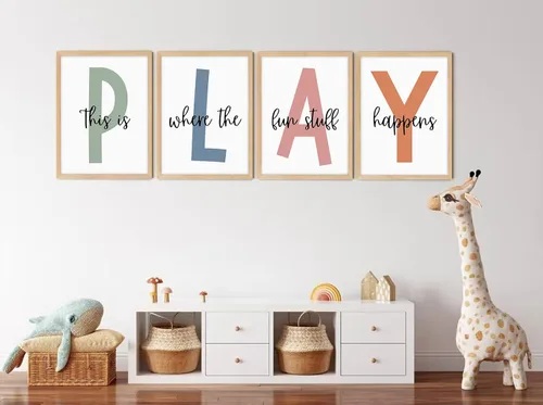 Vista 4 de Arte de pared para sala de juegos para niños, decoración de pared para habitación de niños, impresión en lienzo para sala de juegos para bebés