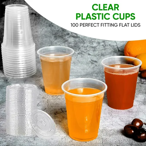 Vista 7 de Green Direct Vasos de plástico ultra transparentes con tapas planas para café helado, batido de té Boba (100, 10 onzas)