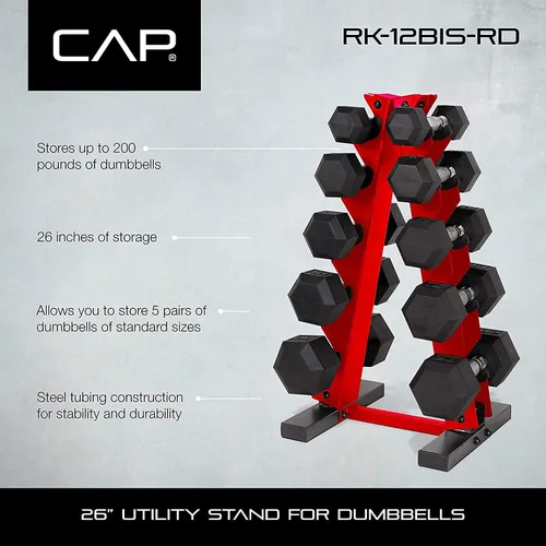 Vista 3 de CAP Barbell Juego de mancuernas de 150 libras con estante, serie Color Rojo