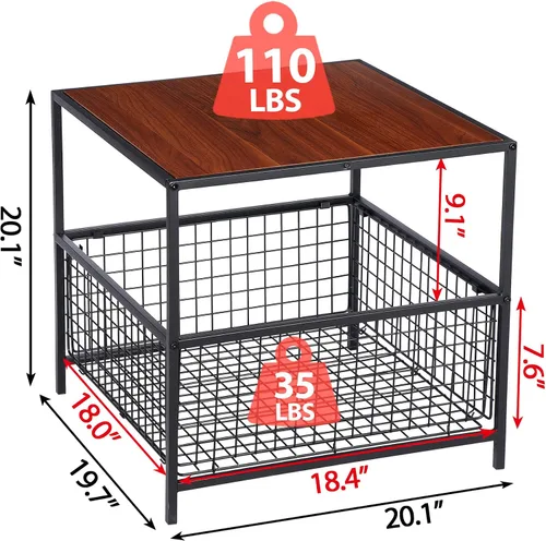 Vista 3 de SUPER DEAL Mesa auxiliar de 2 niveles con cesta de malla, mesa auxiliar cuadrada de 20 pulgadas para dormitorio, sala de estar, mini soporte