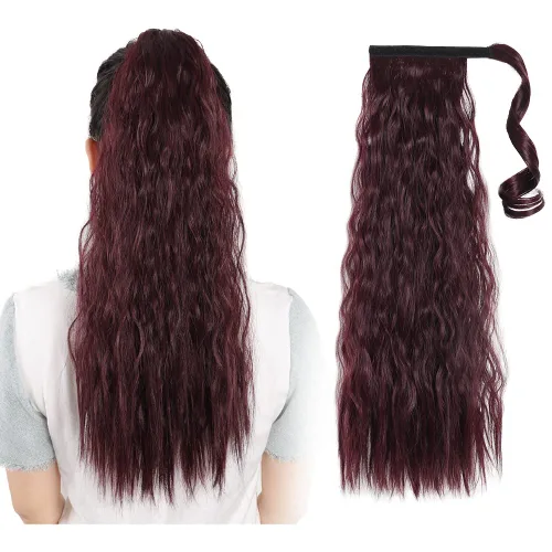 Vista 29 de Extensiones de cabello para cola de caballo, extensión de cola de caballo roja de 16 pulgadas, corta, ondulada, rizada, envolvente, cola de caballo