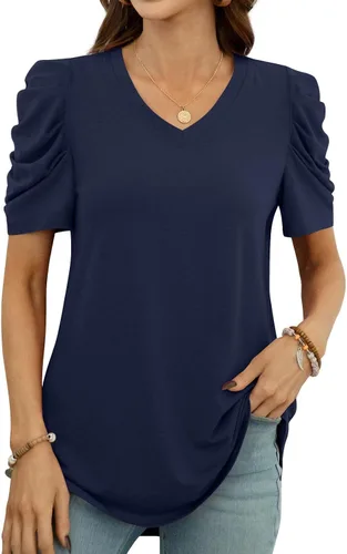 Vista 2 de Anydeer Blusa holgada de verano con mangas abombadas para mujer, estilo casual, cuello en V, sin botones