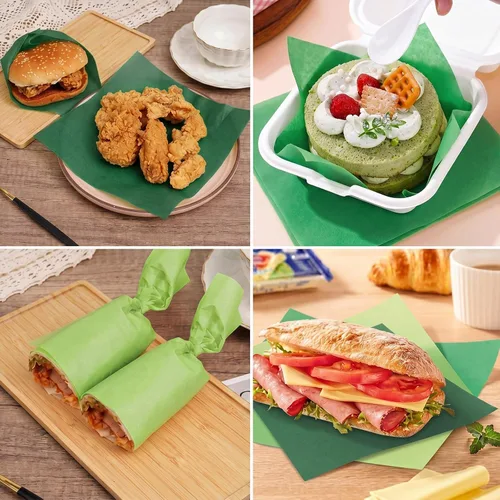 Vista 5 de Honeydak 200 hojas de papel de cera verde para alimentos, 7 pulgadas, surtido de cestas de pergamino verdes para sándwich, hamburguesas, a prueba