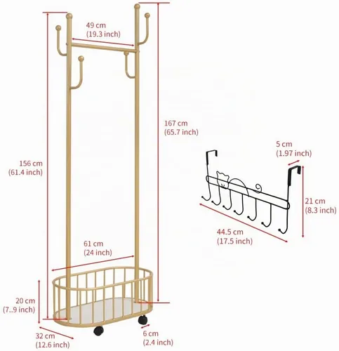 Vista 3 de Perchero de Ropa Dorado con Ruedas Perchero Rodante con Cesta de Almacenamiento Perchero de Abrigos de Metal Móvil Soporte Perchero Moderno