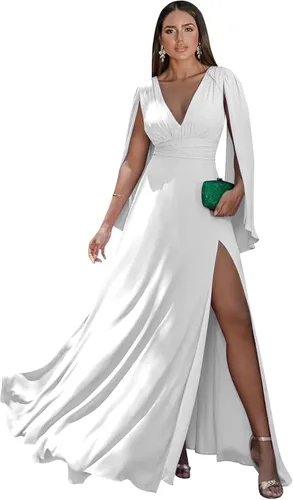 Vista 33 de Women's Long Sleeve Bridesmaid Dresses V-Neck Chiffon Ruched Formal Dress Evening Gown with Slit