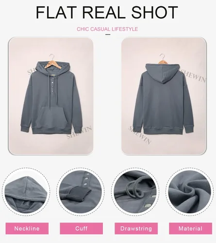 Vista 5 de SHEWIN - Sudadera casual con capucha de manga larga, con botones y cordón para mujer, holgada y con bolsillo