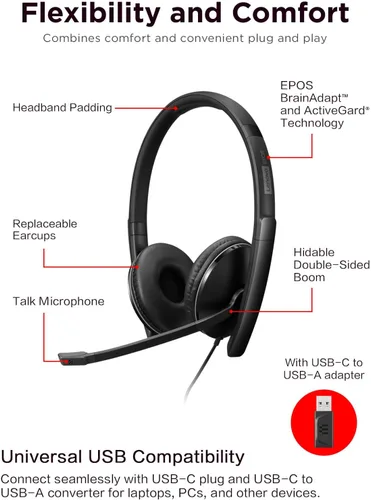 Vista 6 de Auriculares con cable Lenovo con cancelación activa de ruido (ANC), conectividad USB-C y USB-A, Certificado para Zoom, Cancelación activa de ruido