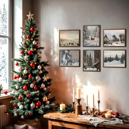 Vista 9 de Hwetui Juego de 6 Pósteres de Arte de Pared de Lienzo Navideño Vintage, Cuadros de Reno y Árbol Invernal Decoración de Pared, Pinturas de Paisajes