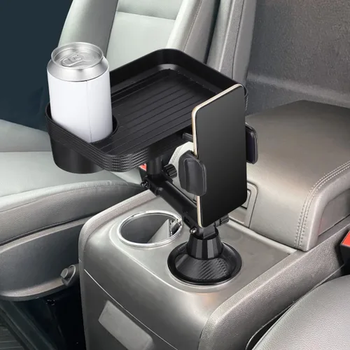 Vista 6 de CALLARON Bandeja portavasos, bandejas para automóvil para comer, bandeja giratoria ajustable 3 en 1 para alimentos, soporte universal para vasos