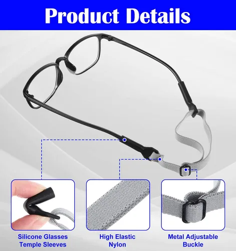 Vista 2 de 4 Pcs Glasses Strap, Adjustable Glasses Strap for Men with Elastic Band No Tail Design for Men, Kids & Boys (Black & Gray)