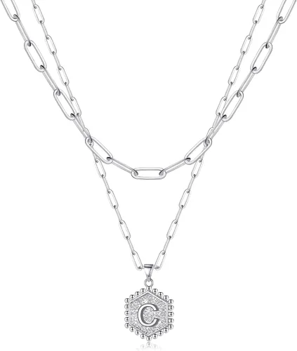 Vista 64 de M MOOHAM - Delicado collar de oro para mujer, de 14 quilates, en capas, lindos collares con letra hexagonal con inicial para mujer, regalos